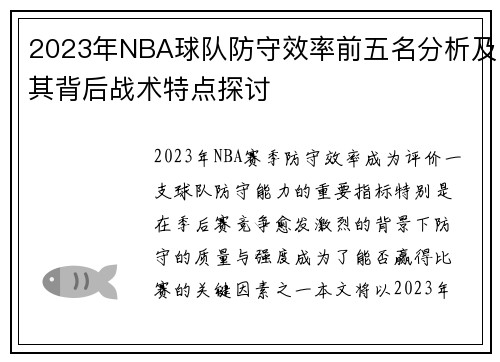 2023年NBA球队防守效率前五名分析及其背后战术特点探讨