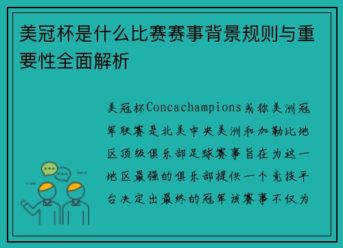 美冠杯是什么比赛赛事背景规则与重要性全面解析