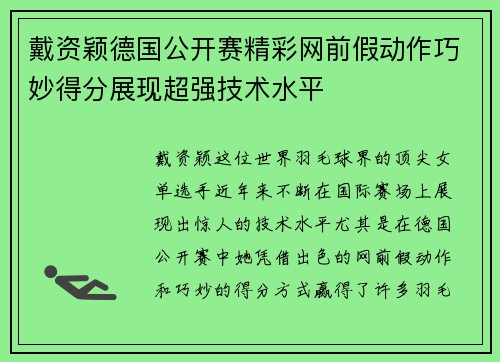 戴资颖德国公开赛精彩网前假动作巧妙得分展现超强技术水平 戴资颖德国公开赛精彩网前假动作巧妙得分展现超强技术水平