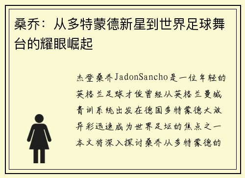 桑乔：从多特蒙德新星到世界足球舞台的耀眼崛起